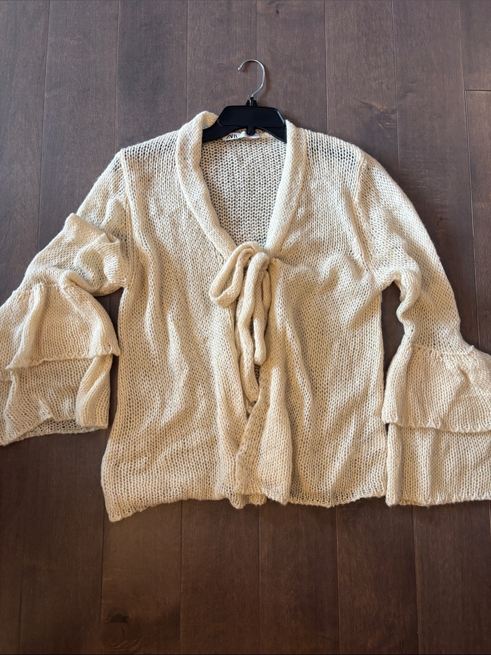 Zara Cream Knit Tie-Front Sweater with Ruffled Bell Sleeves